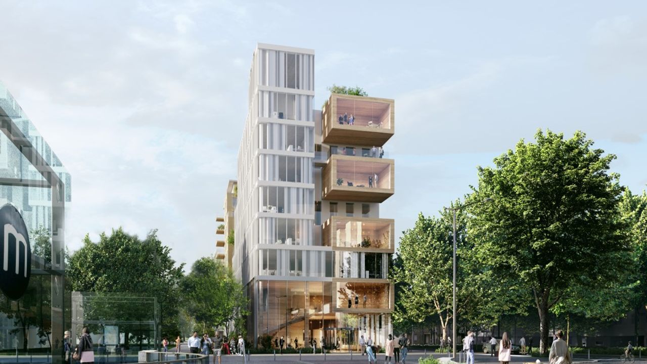 Perspective du programme de construction avec le siège de l'entreprise Angevin et des logements, au première plan la sortie sud de la station de métro du Triangle