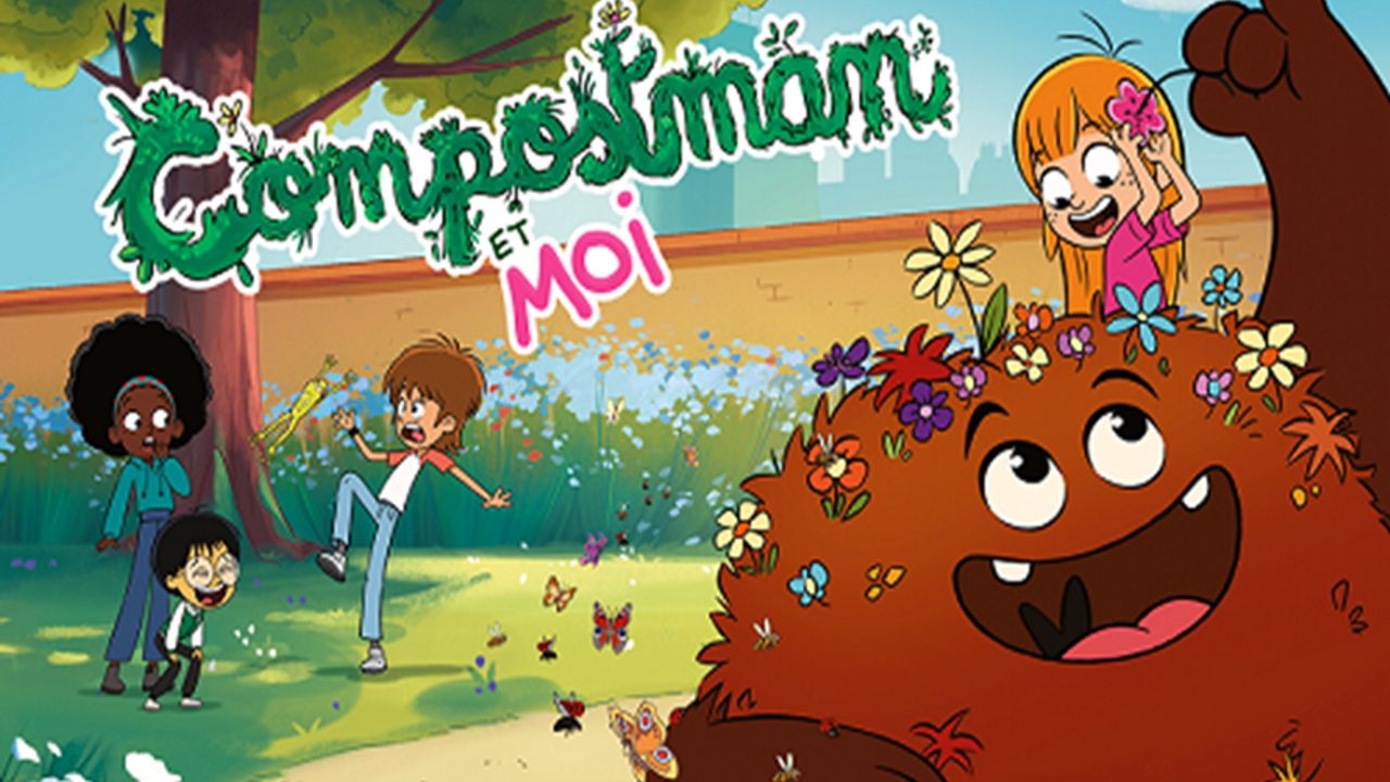 Vue d'une image de dessin animé, avec un bonhomme marron fait de terre et de feuilles au premier plan, et des enfants qui jouent au second plan