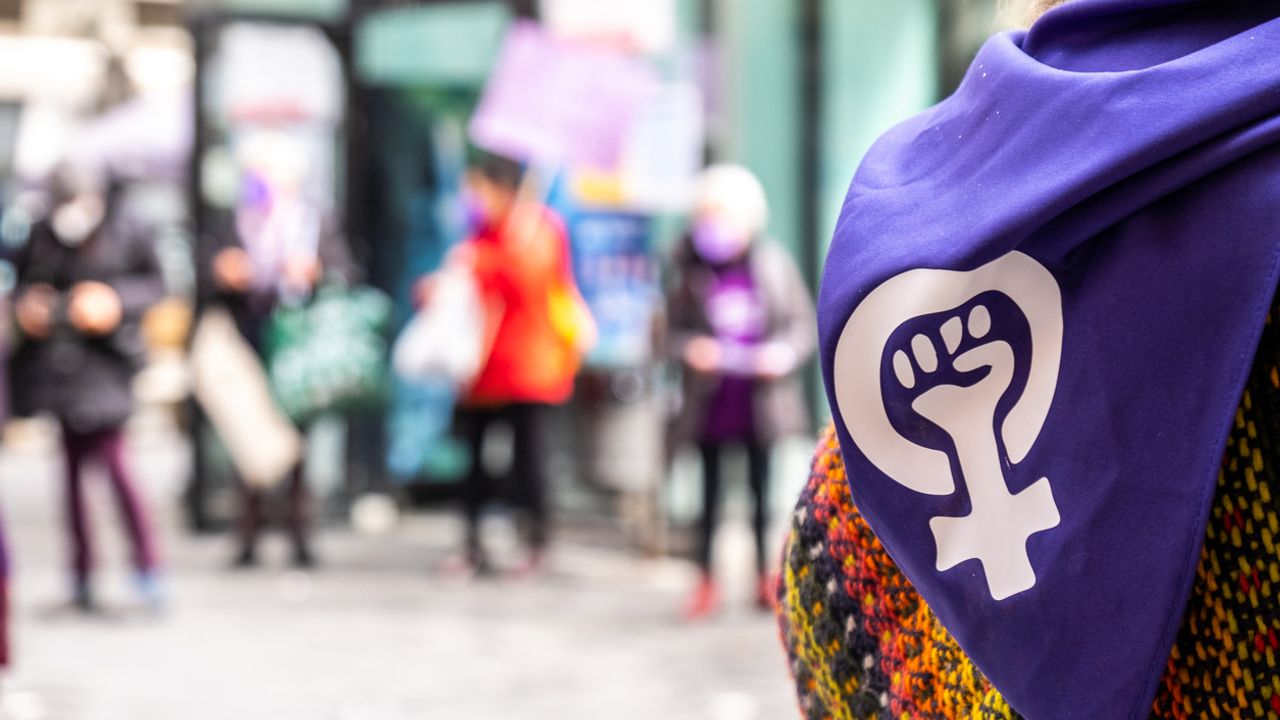 Des militants des droits des femmes manifestent.