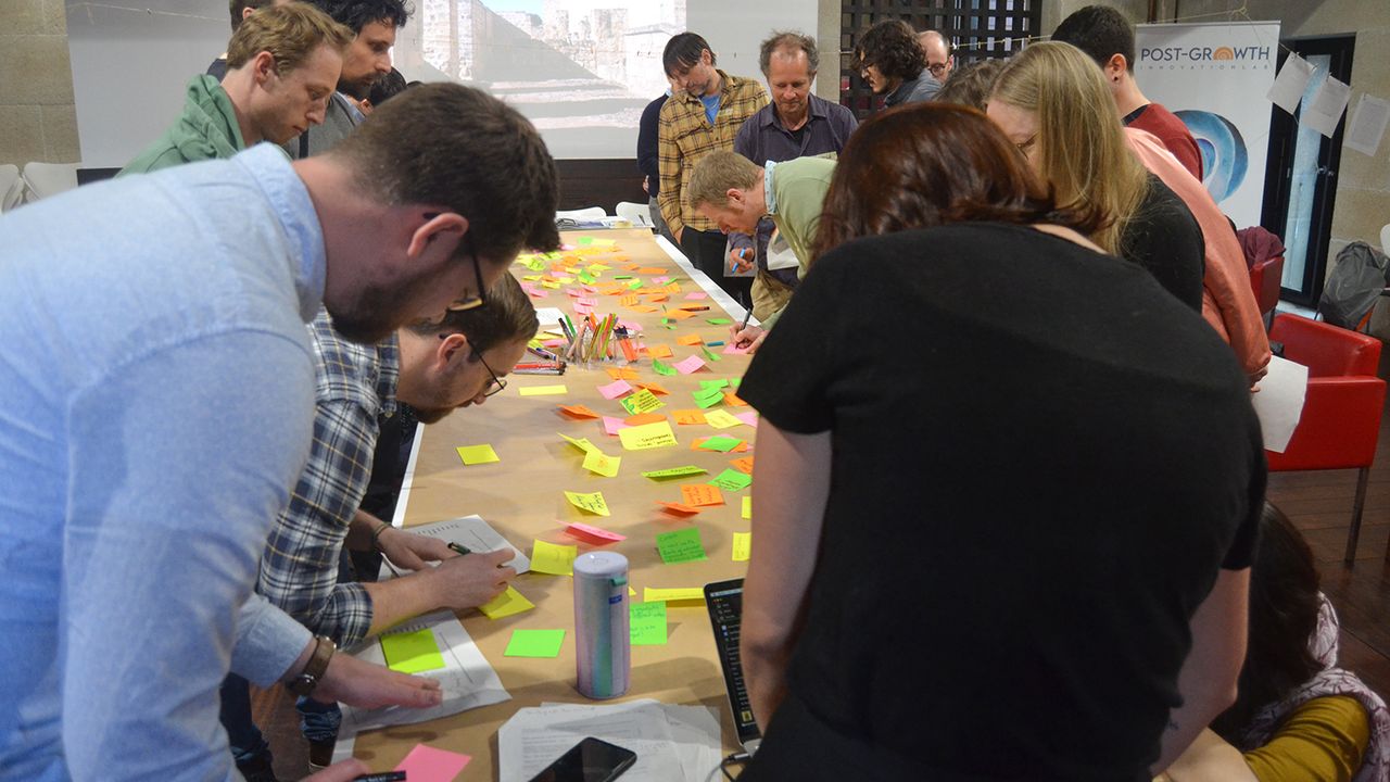 Imagen del obradorio en la que se ve a las personas escribiendo sus ideas en Post-Its