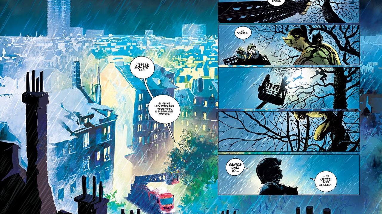 Une page de bande dessinée représentant Rennes vue des toits. A l'horizon, les Tours Horizons.