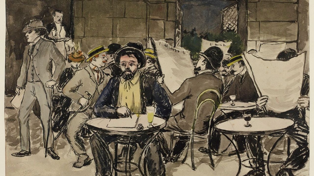 Un dessin représentant avec au premier plan un journaliste attablé en terrasse du Café de la paix, en train d'écrire son article. Tout autour, d'autres clients sont plongés dans la lecture de journaux.