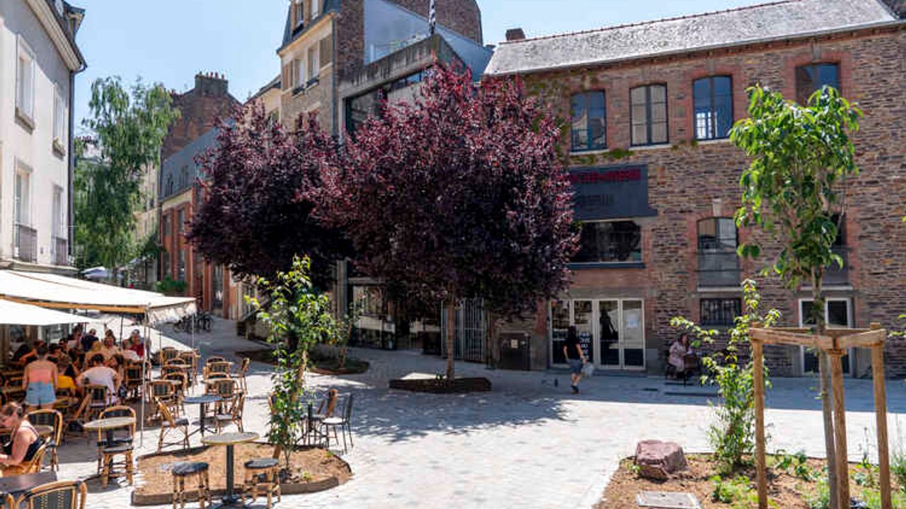 Vue sur la place de la Parcheminerie, nouvel espace piéton et arboré au centre de Rennes.
