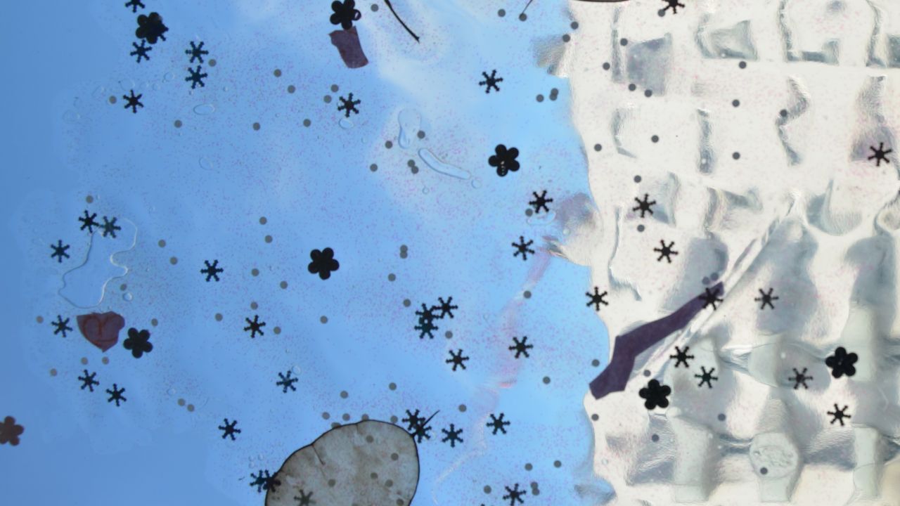 Une pochette transparente est posée sur une vitre. Des végétaux et paillettes sont dans une matière visqueuse transparente. A travers, on voit un immeuble. Il apparaît déformé par cette matière.