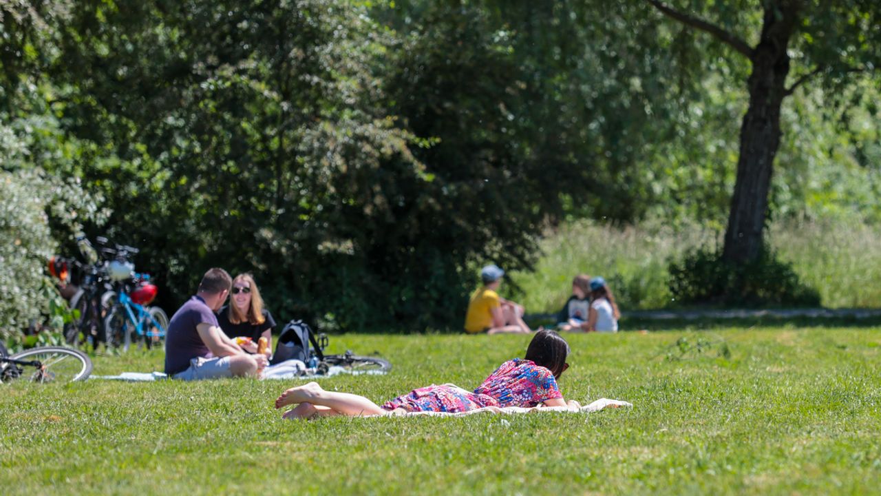 Une personne est allongée sur l'herbe des prairies Saint-Martin, à Rennes. Plus loin, deux autres personnes discutent assises dans l'herbe.
