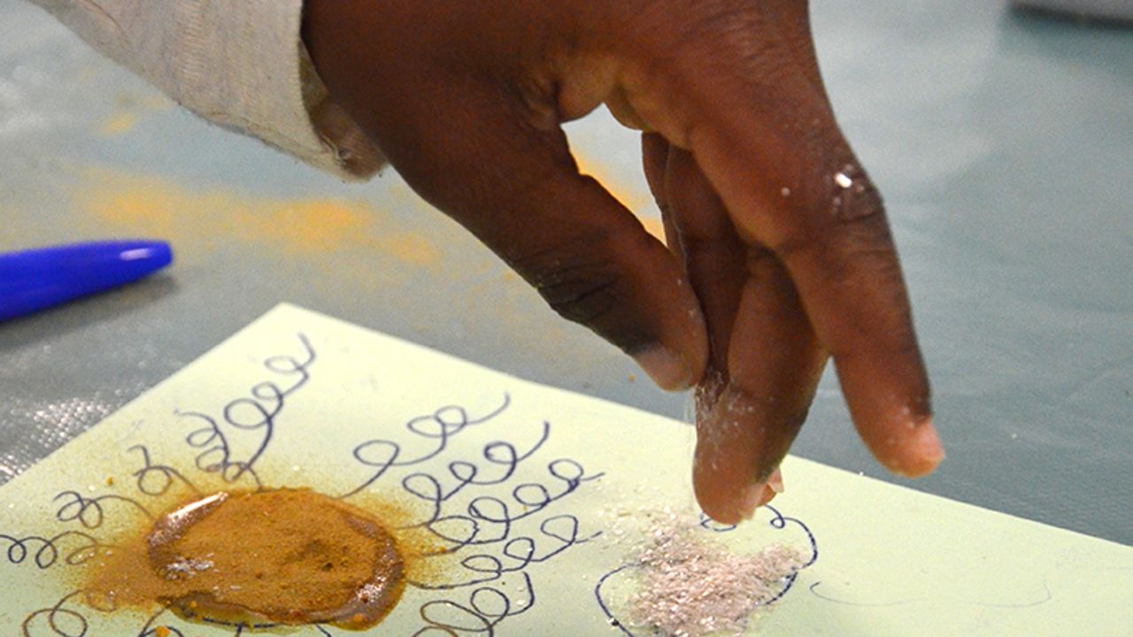 Une élève saupoudre son dessin de pollens et de mica.