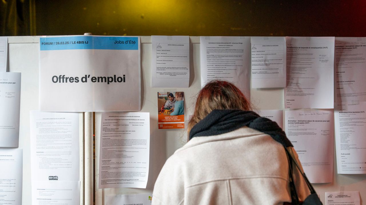 Femme consultant un tableau d'offres d’emploi.