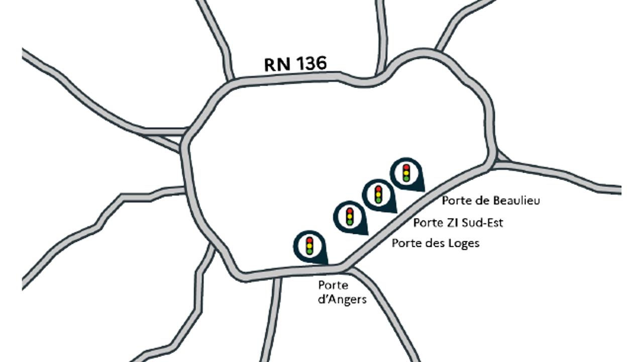 Carte de la rocade de Rennes qui matérialise l'emplacement des 4 nouveaux feux tricolores.