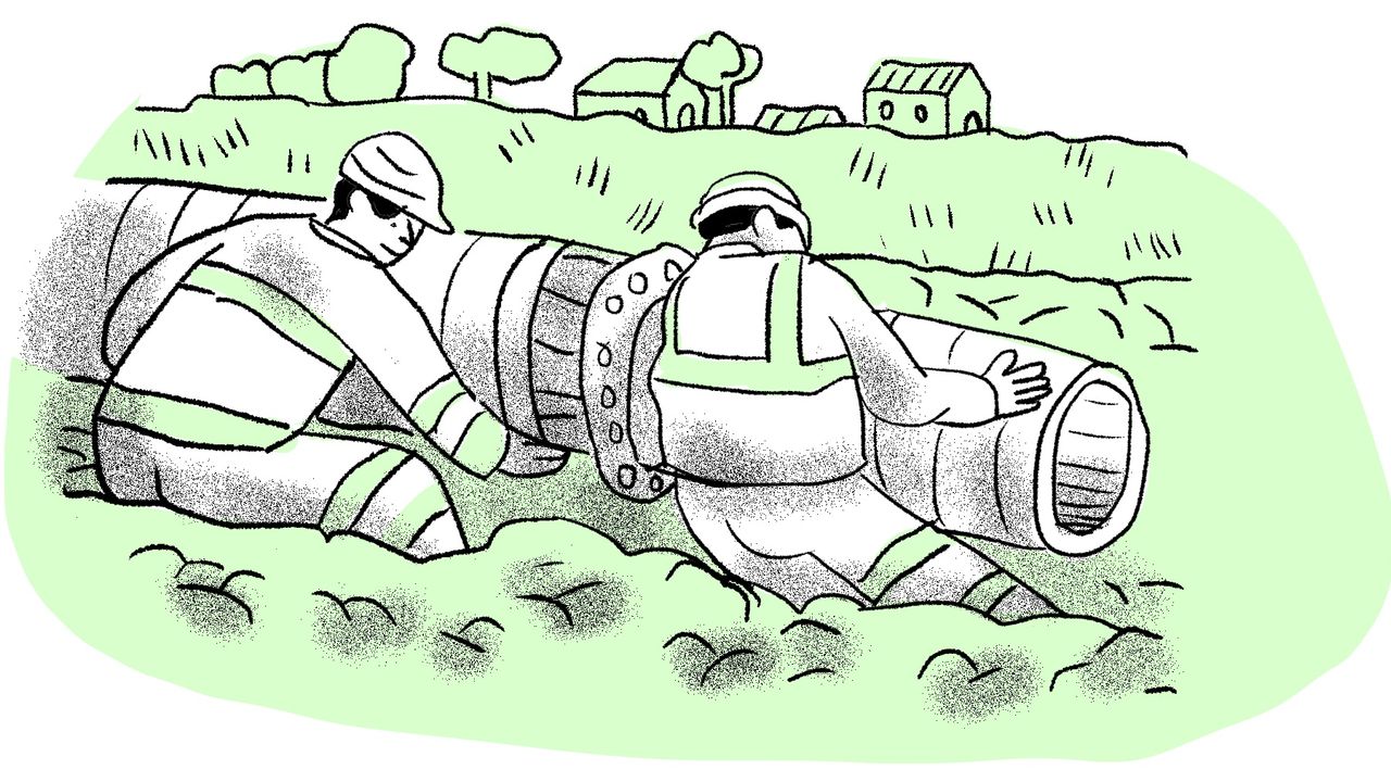 Dessin, ouvriers qui travaillent sur conduite d'assainissement.