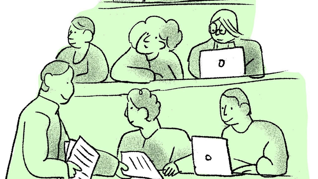 Dessins étudiants dan un amphi, soutien à l'enseignement supérieur.