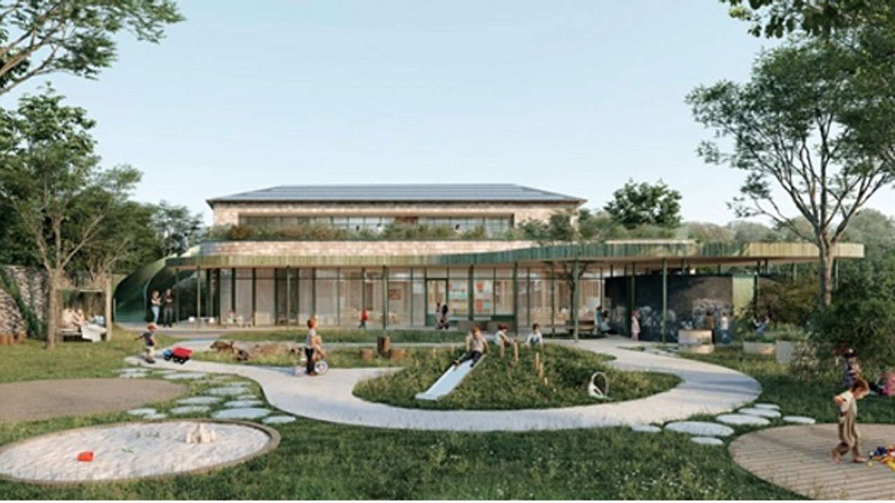 Image de synthèse vue extérieure de la future crèche avec un espace paysager au premier plan.