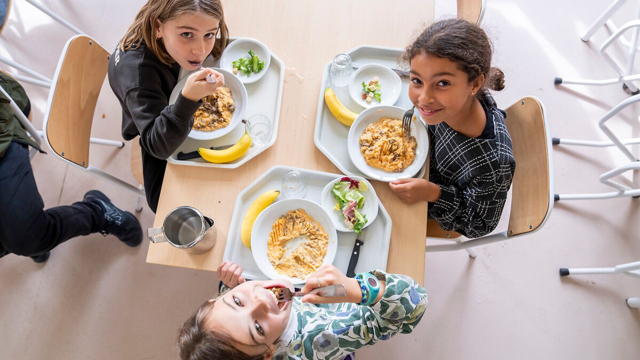Trois enfants mangent, assises autour de leur plateau-repas. 