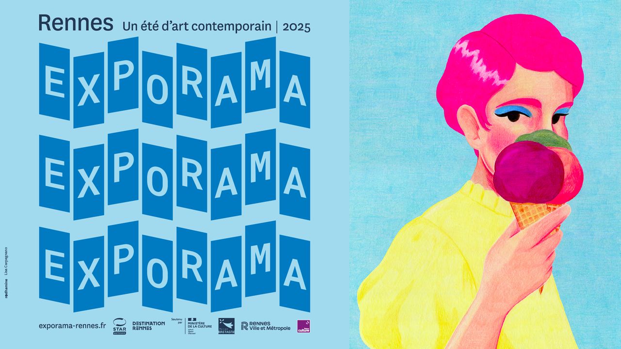 affiche d'Exporama représentant sur fond bleu une peinture d'une femme habillée de jaune mangeant une glace