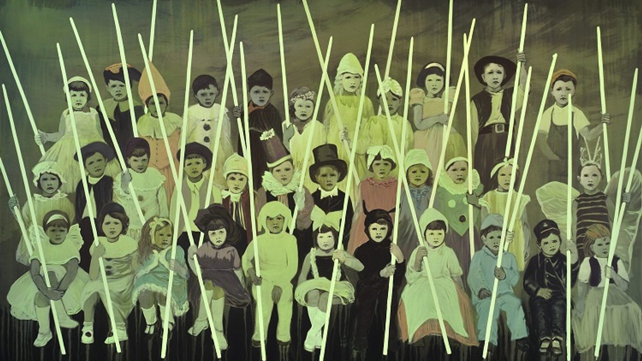 Tableau représentant des enfants assis avec une perche