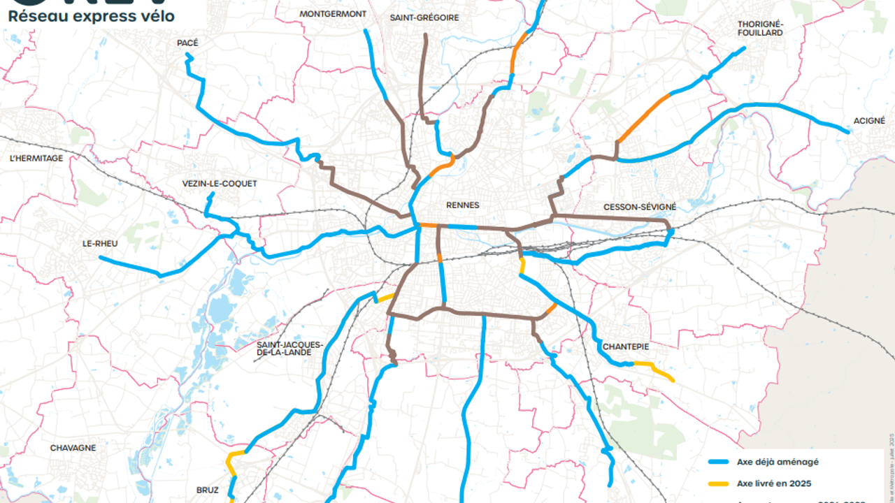 Carte du Reseau Express Vélo (REV) qui précise l'état d'avancement des différents axes.