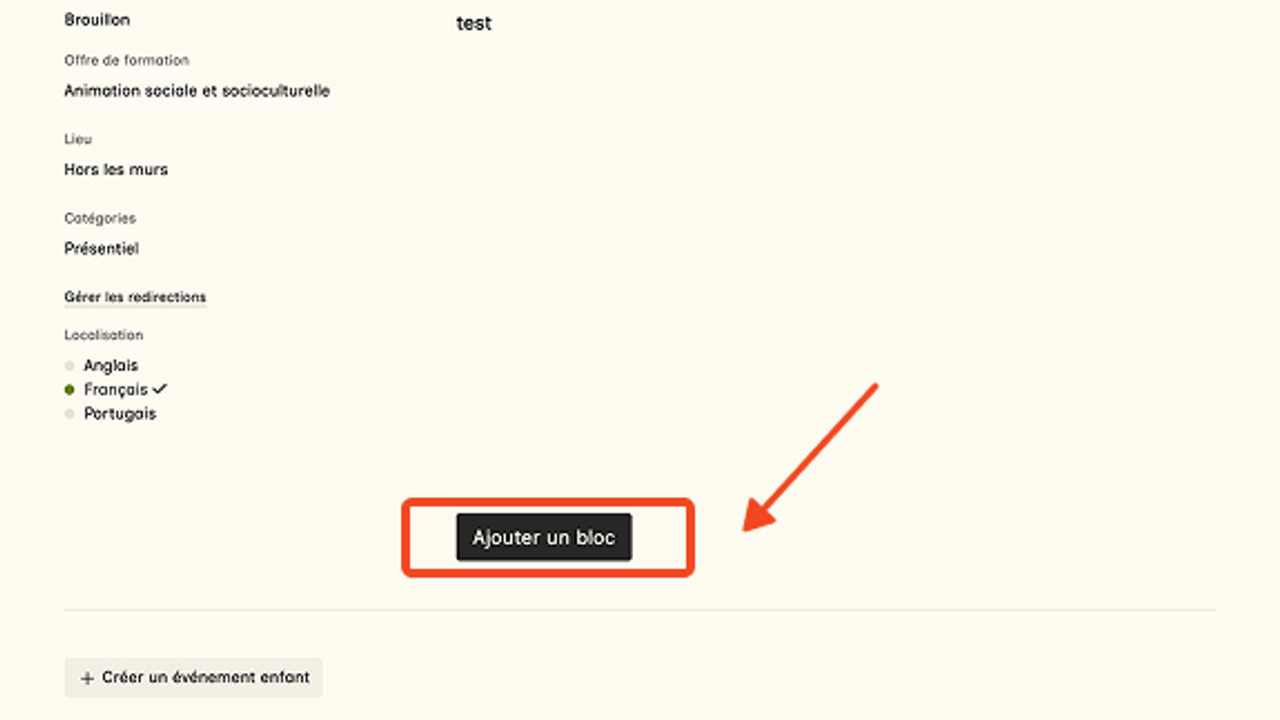 Ajouter un bloc dans l'événement créé