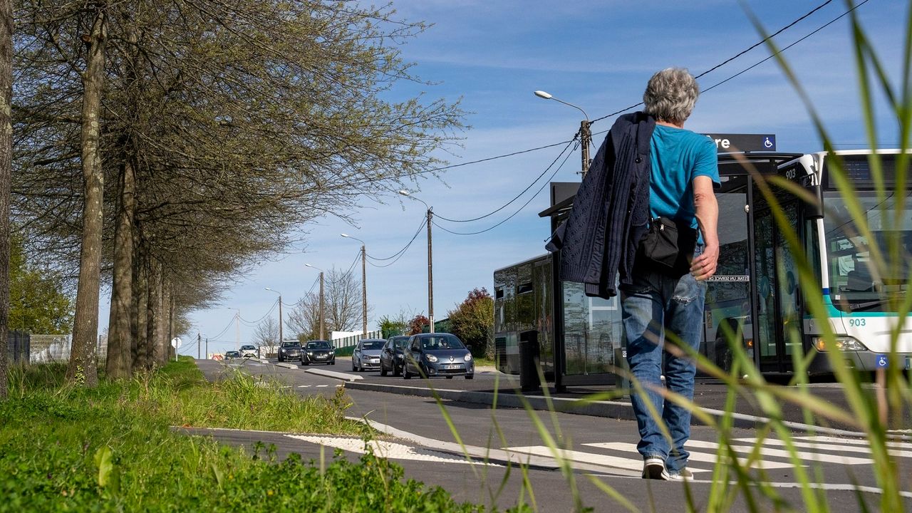 Piste cyclable qui borde un axe routier ou circule un bus et des voitures. Au premier plan un piéton s'éloigne.