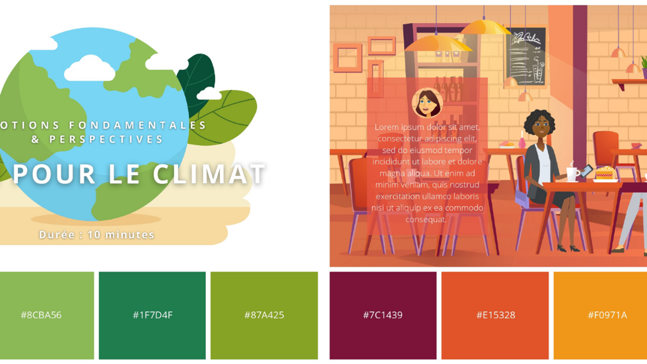 Deux images sont alignées. À gauche, une image de la planète terre avec des feulles et le titre "Agir pour le climat". À droite, deux personnages sont installés dans un café. En dessous des deux images, les codes des couleurs qu'elles contiennent.