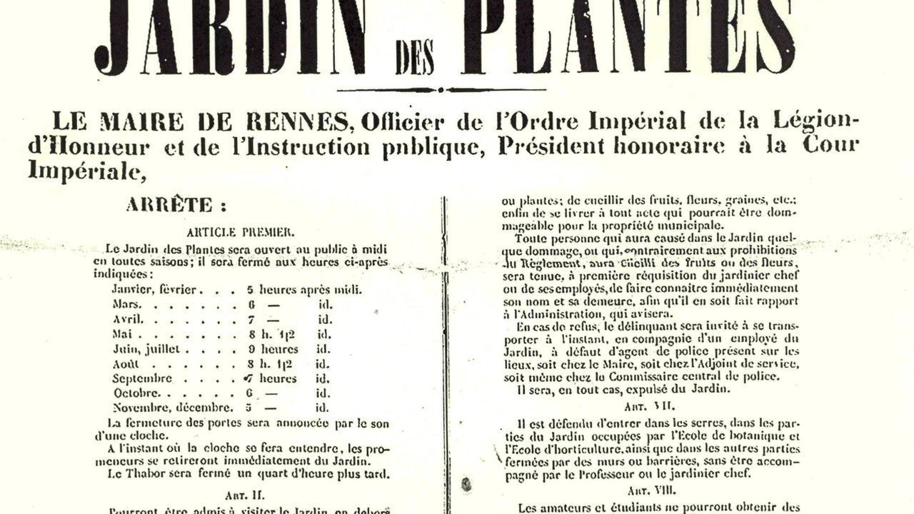 Règlement des promenades du Thabor et du jardin des plantes, 1865. Archives de Rennes, 5D123