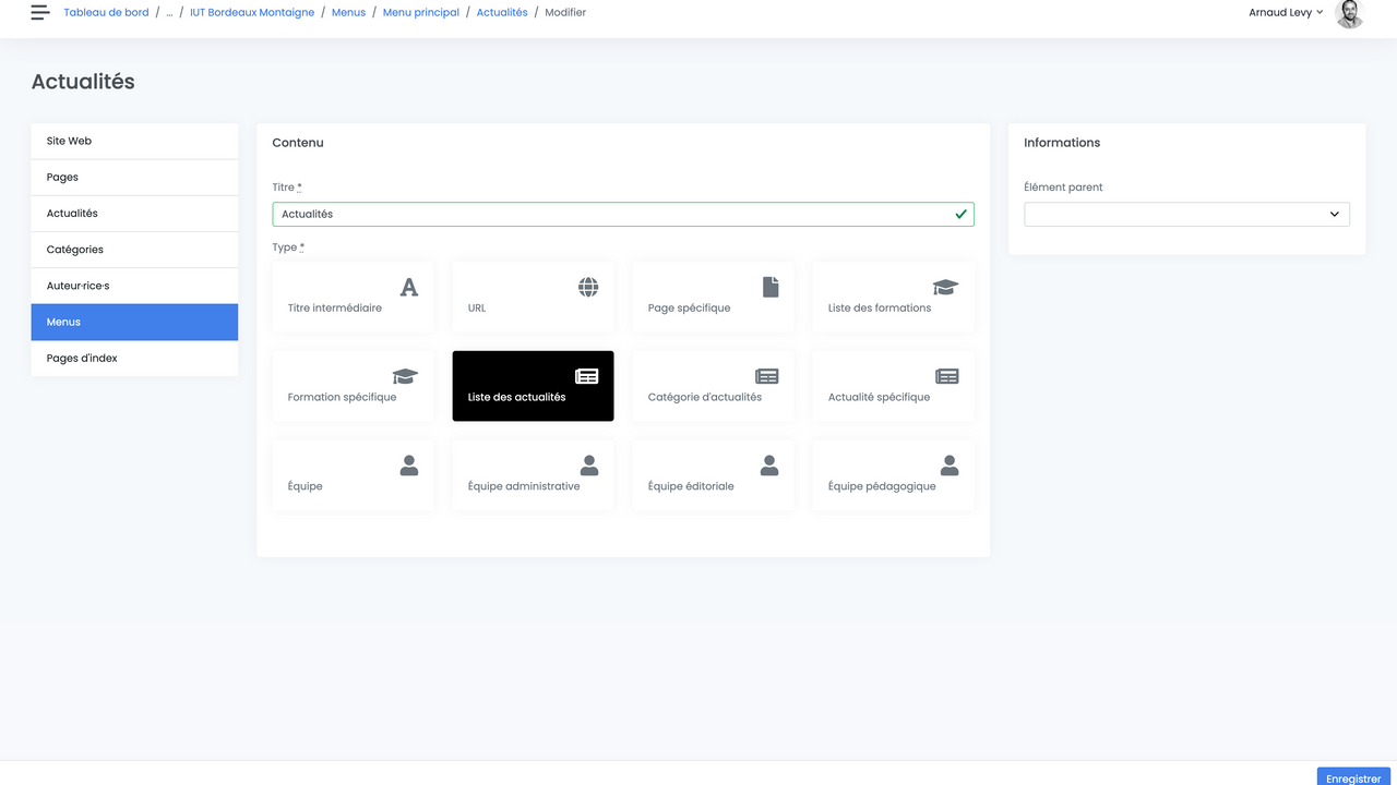Édition d'un élément de menu