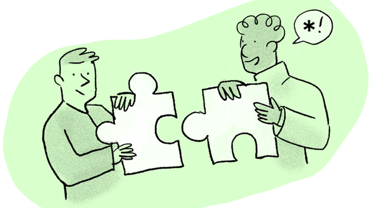 Dessin, deux personnes jouent avec les pièces d'un puzzle, cela illustre la participation citoyenne des habitants à la vie de la cité.