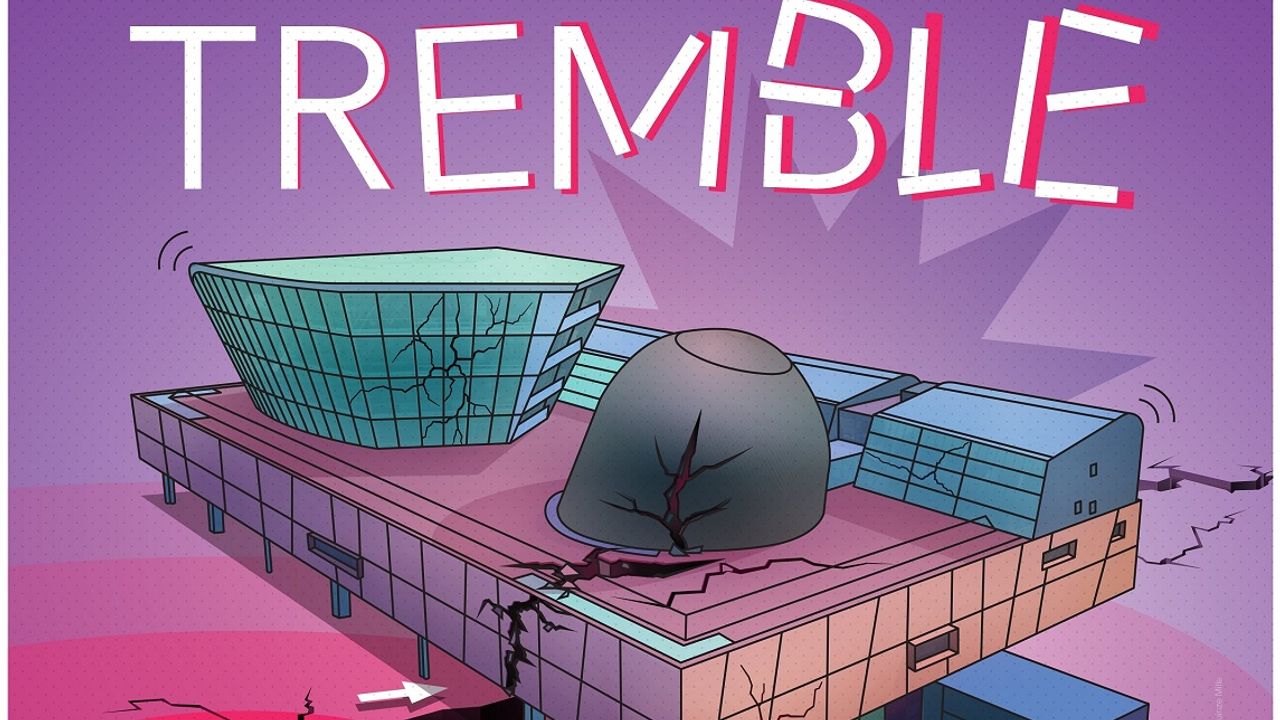 Affiche de l'exposition "Quand la terre tremble" nous montrant Les Champs Libre en train de se fissurer