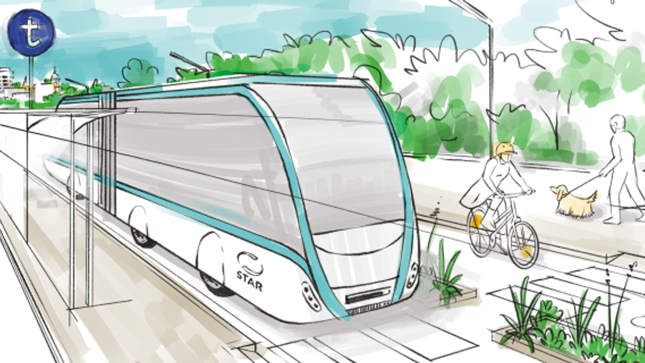 Dessin d'un trambus circulant sur voie réservée.