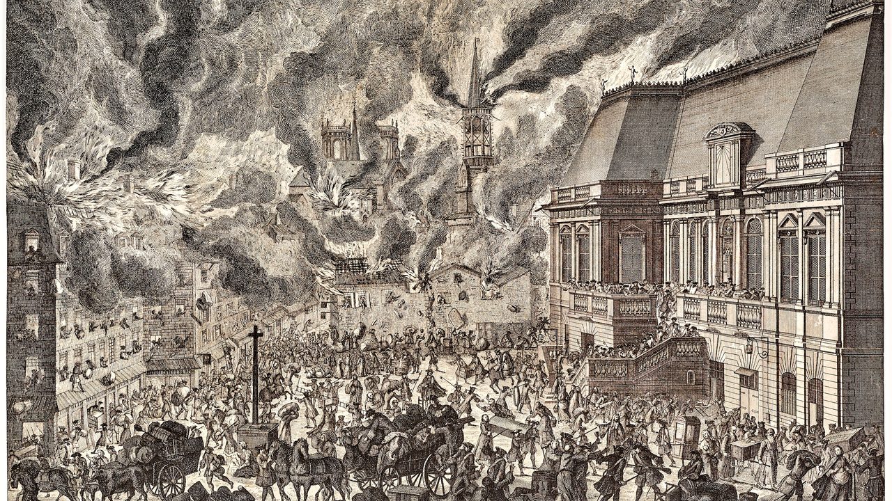 Gravure du grand incendie de Rennes en 1720, au premier plan le parlement épargné.