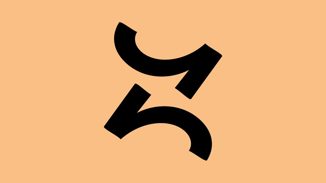 Un rectangle au fond orange sur lequel se détache, au centre, une forme noire. Cette forme, un peu complexe, ressemble à une étoile à quatre branche.