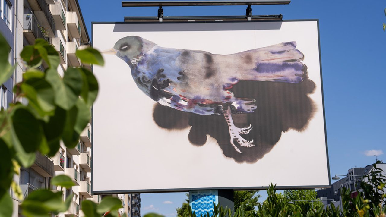 Panneau de rue avec oiseau peint