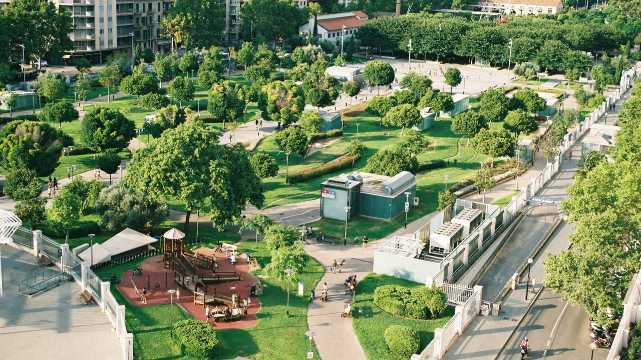 aerial photography plaza with trees and buildings