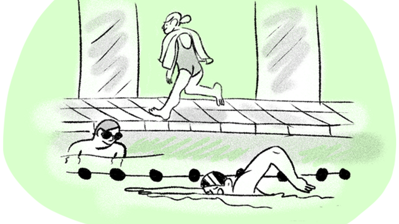 Dessin, nageurs dans une piscine.