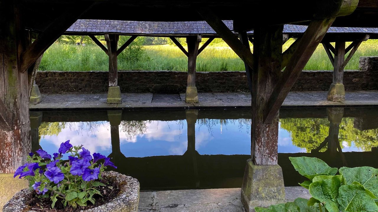 Un lavoir couvert. À l'arrière plan, des champs. Au premier plan, des fleurs en pot.