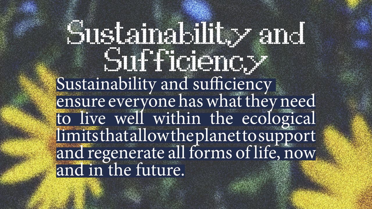 Sustainability & Sufficiency. Sustainability and sufficiency ensure everyone has what they need to live well within the ecological limits that allow the planet to support and regenerate all forms of life, now and in the future.
