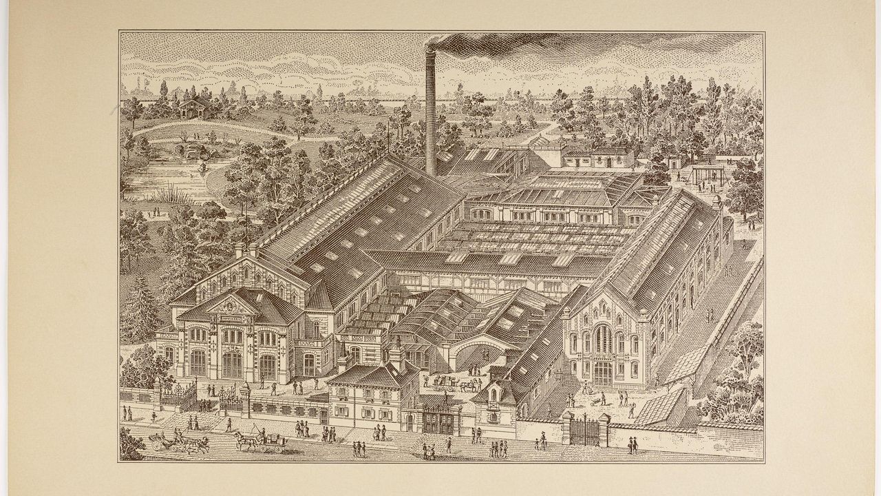 Lithographie représenant une vue de l'entreprise dessinée par les architectes Martenot et Jobbé-Duval