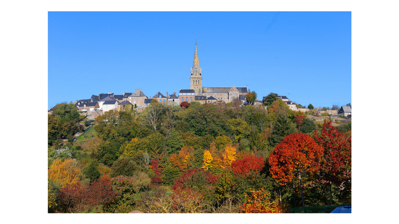 Vue d'une commune de Rennes Métropole en automne, avec des arbres colorés au premier plan et un clocher à l'horizon