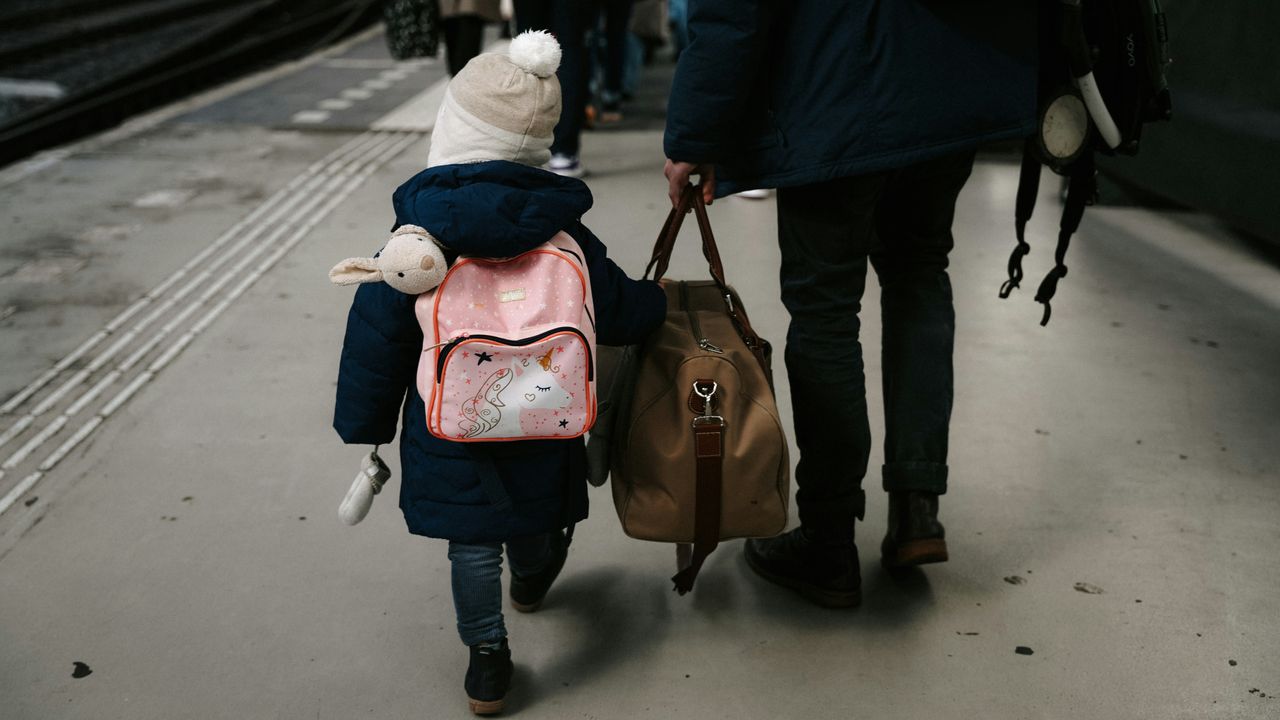 Petite fille de dos accompagnée d'un adulte portant un sac de voyage