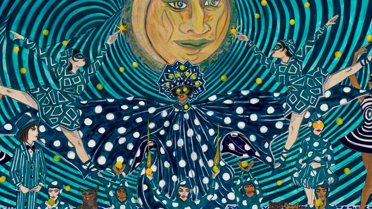 Oeuvre de Marcel Dzama représentant plusieurs femmes vêtues de bleu en train de danser avec une grande lune lumineuse en arrière-plan.