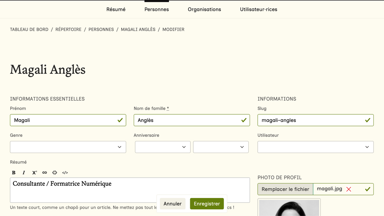 Focus sur la fiche de la personne sélectionnée à modifier