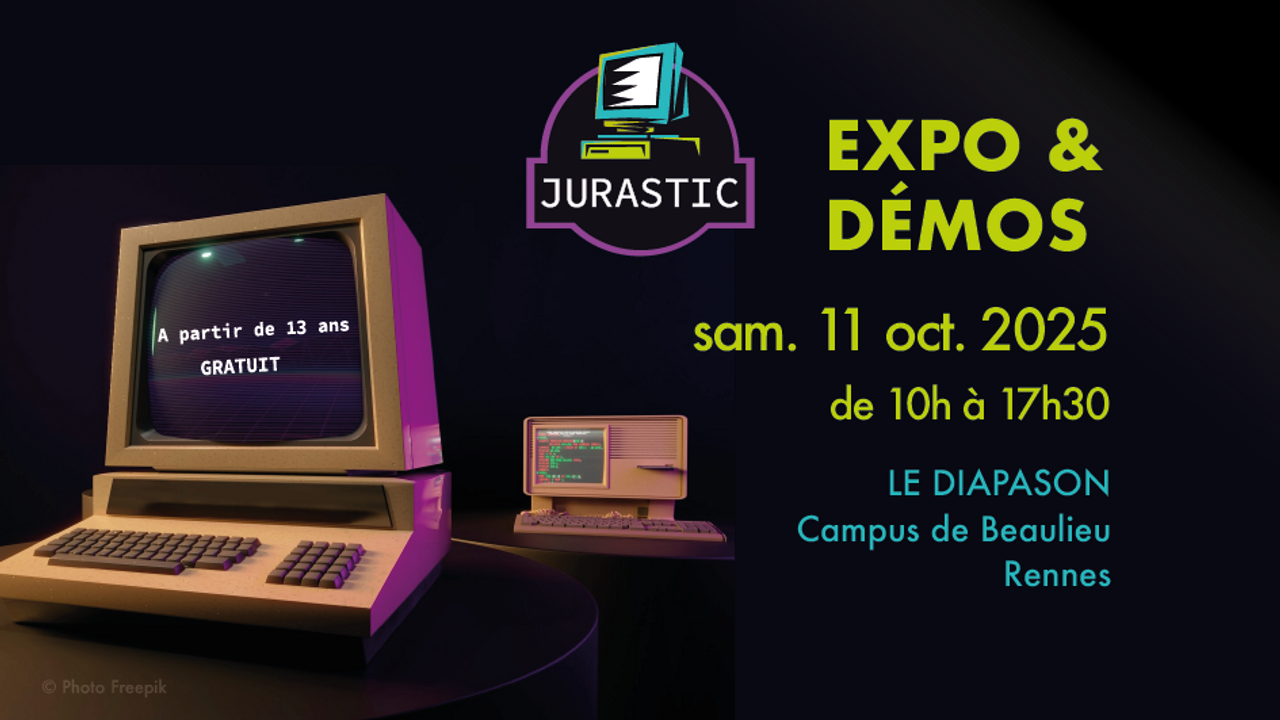 Affiche de l'exposition JURASTIC, avec de vieux ordinateurs