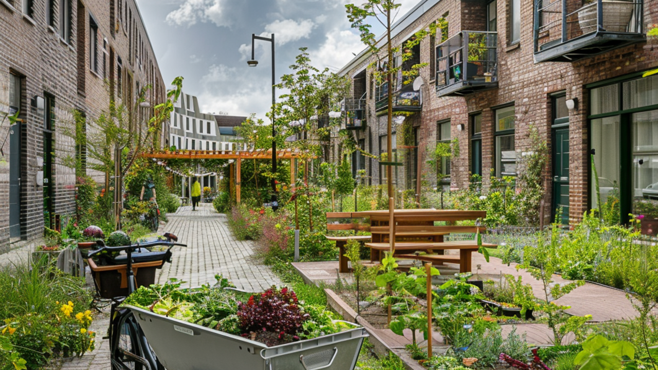 vélo cargo dans une rue végétalisée, avec une table de pique nique