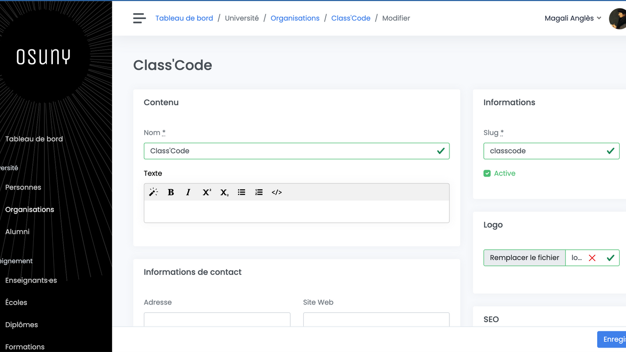 Modification fiche organisation