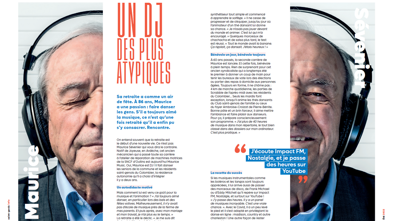 Une double page du magazine est ouverte. On peut y voir un beau portrait photographique d'un habitant, visiblement un vieux monsieur, qui a un casque sur les oreille. L'article titre "Un DJ des plus atypiques".