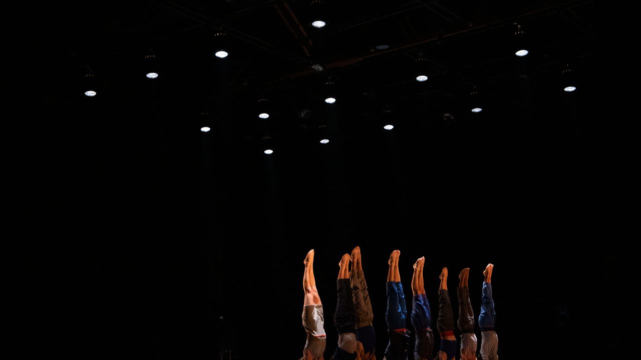 Des équilibristes en groupe, sur leurs mains