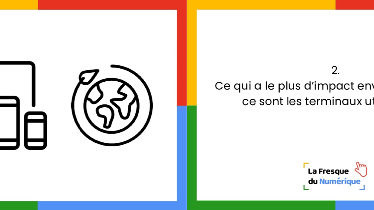 Deux cartes côte à côte. sur celle de gauche, des pictogrammes de terminaux utilisateurs et la terre entourée d'une feuille. Sur celle de droite, le message "Ce qui a le plus d'impact environnemental, ce sont les terminaux utilisateurs."
