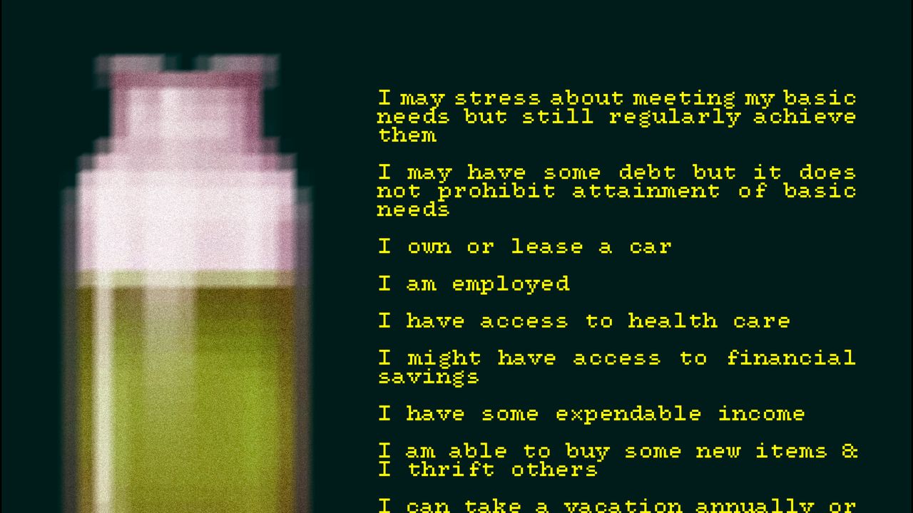 Personal financial experienceI may stress about meeting my basic needs but still regularly achieve themI may have some debt but it does not prohibit attainment of basic needsI own or lease a carI am employedI have access to health careI might have access to financial savingsI have some expendable incomeI am able to buy new items & thrift othersI can take a vacation annually or every few years without financial burden