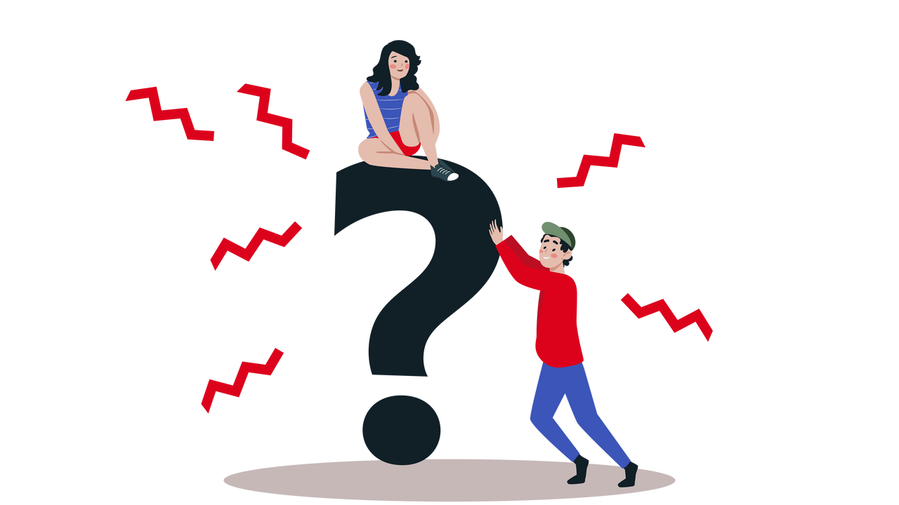 image avec un point d'interrogation et deux personnes autour