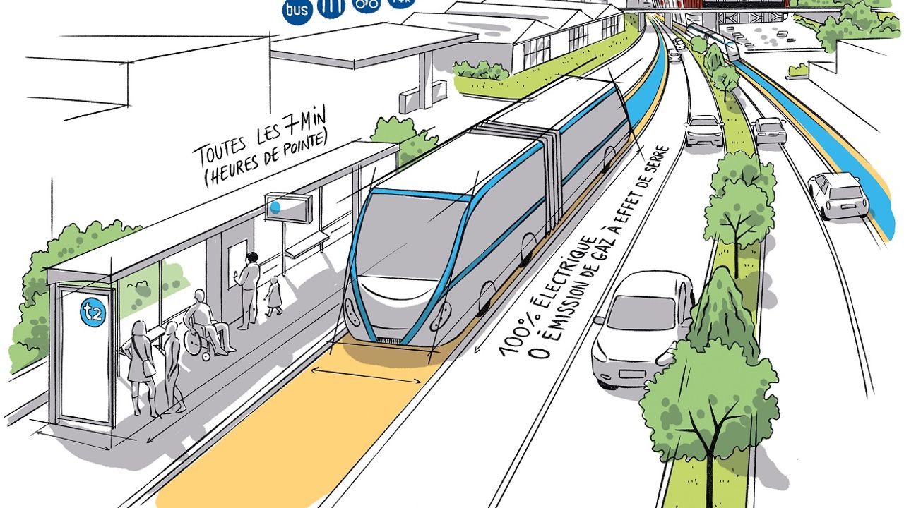 Vue en image crayonnée d’un trambus à son arrêt.