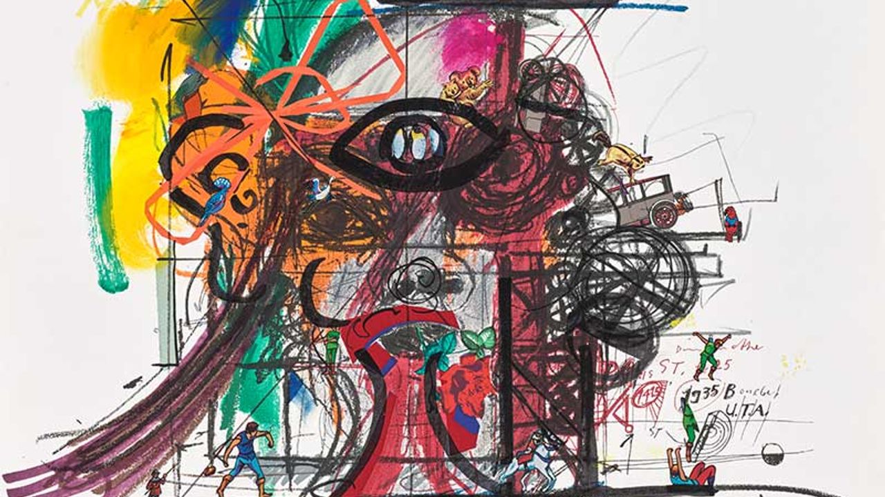 Il s'agit de l'estampe du Cyclop réalisée par Jean Tinguely, inspirée de l'oeuvre monumentale qu'il a réalisé en collaboration avec Niki de Saint Phalle, et plusieurs autres artistes. Une présentation de l'oeuvre est disponible sur le site du centre Georges Pompidou