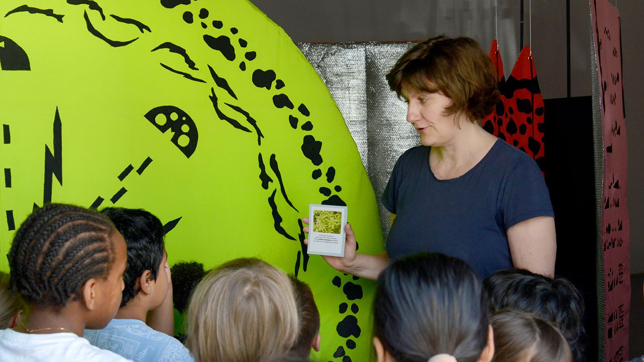 Amandine, médiatrice à La Criée, montre aux enfants la photographie de la verveine..